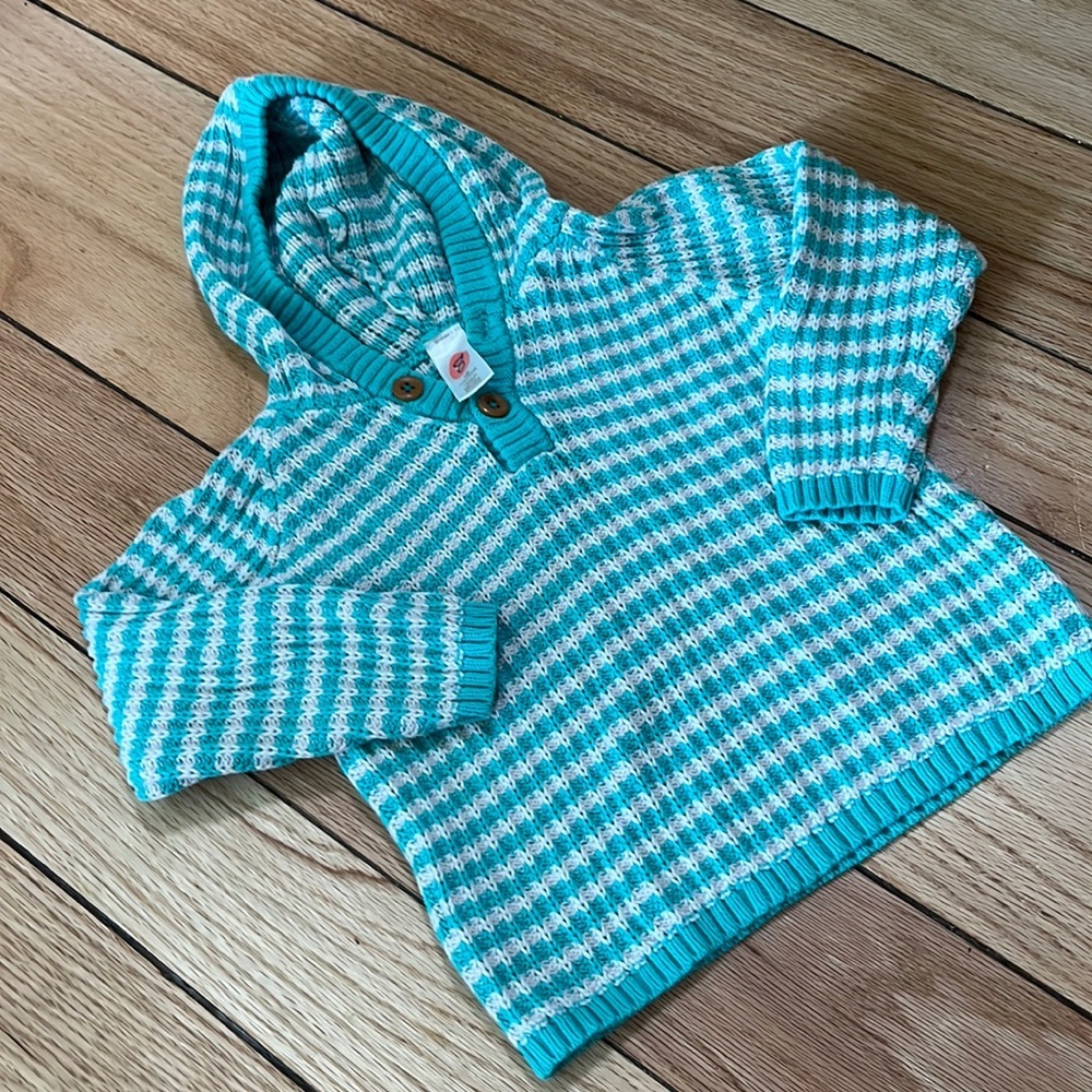 100% Organic Cotton Hooded Long Sleeve Knit Sweater 18 Months Teal  Green Blue
